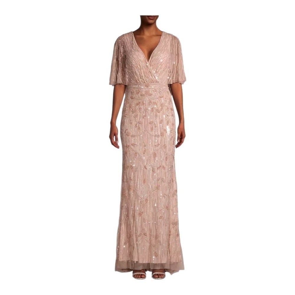 Mac Duggal Rose Gold Beaded V-Neck Maxi Dress